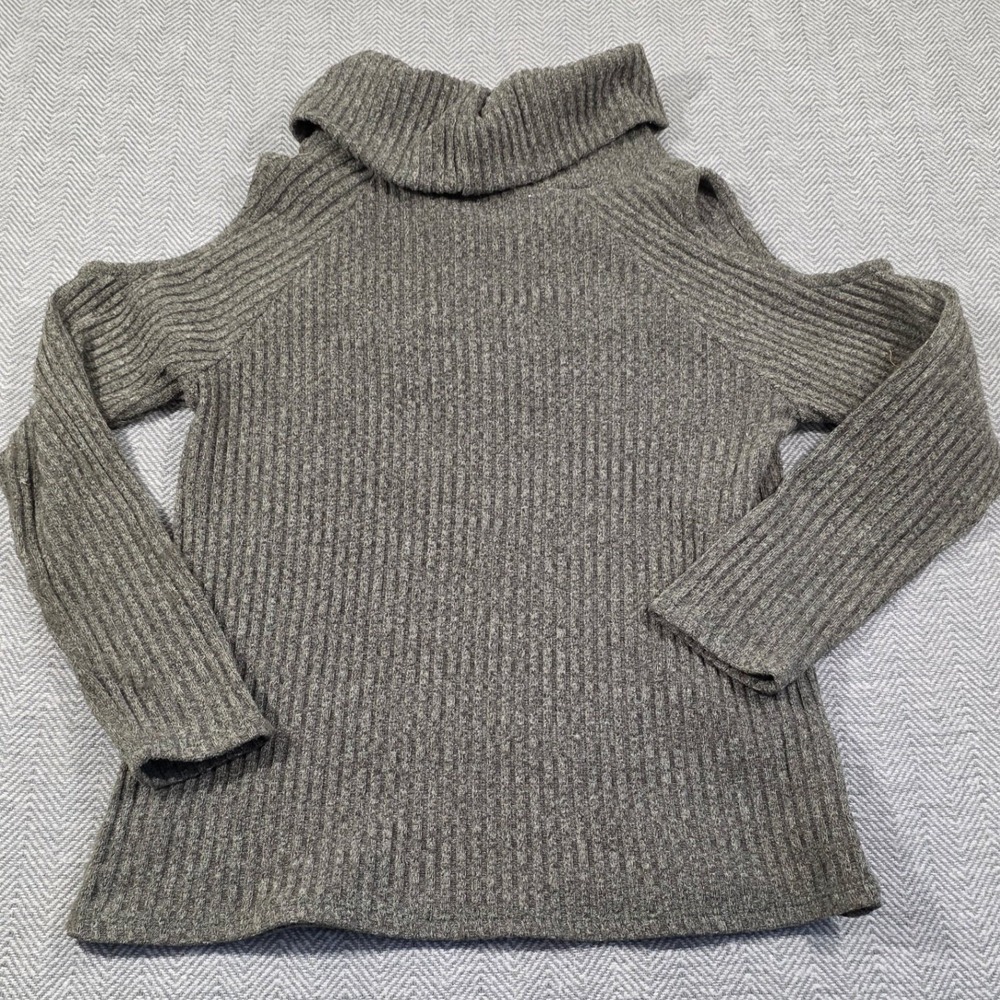 Le Lis Charcoal Grey Ribbed Cold Shoulder Cowl Neck Knit Sweater Long Sleeve